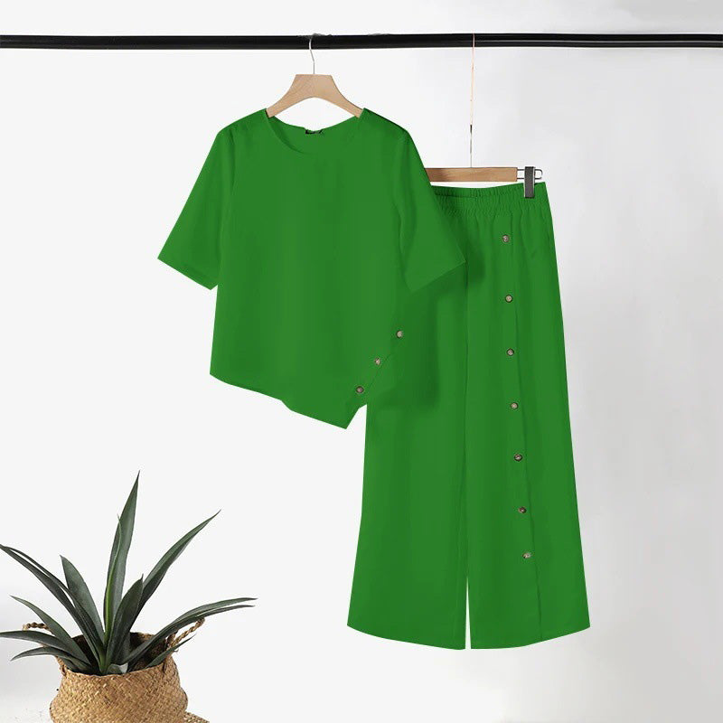 Susi - Conjunto de top con bajo irregular y pantalones de pierna ancha.