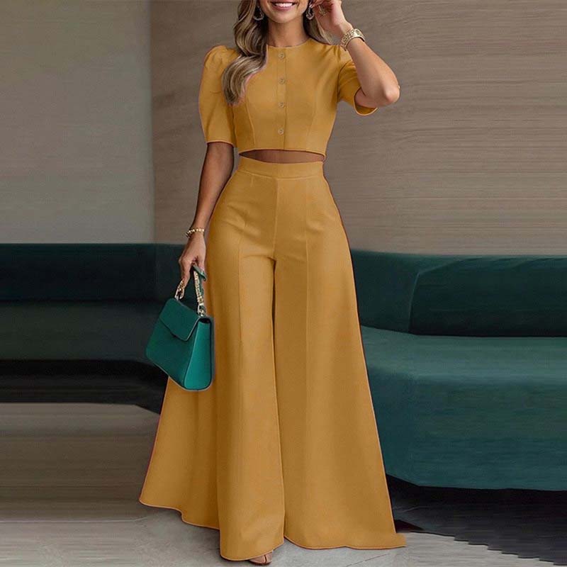 Trini - Elegante conjunto de top de mangas abullonadas y pantalones palazzo