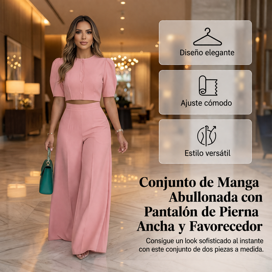 Trini - Elegante conjunto de top de mangas abullonadas y pantalones palazzo