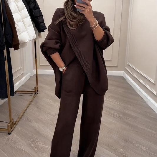 Raquel - Conjunto de dos piezas, suéter asimétrico + pantalón ancho, holgado y suave, súper cómodo