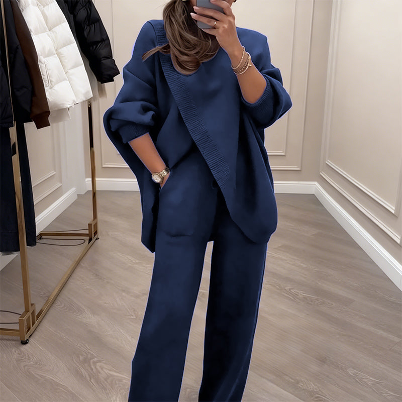 Raquel - Conjunto de dos piezas, suéter asimétrico + pantalón ancho, holgado y suave, súper cómodo