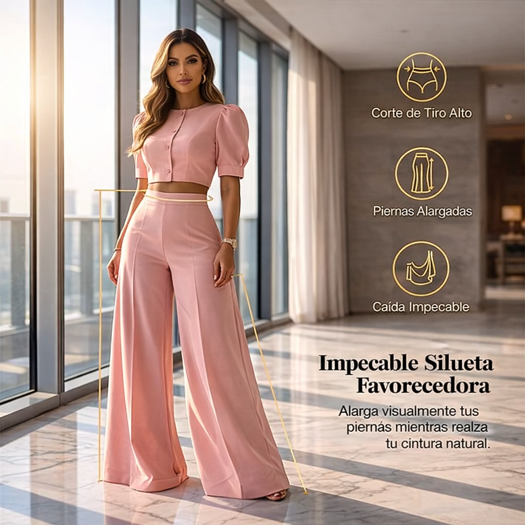 Trini - Elegante conjunto de top de mangas abullonadas y pantalones palazzo