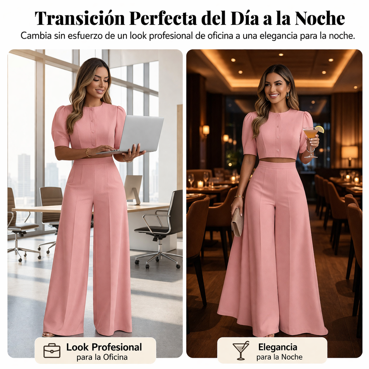 Trini - Elegante conjunto de top de mangas abullonadas y pantalones palazzo