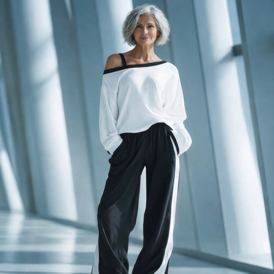 Carolina - Conjunto informal compuesto por top blanco con hombros descubiertos y pantalones negros de pierna ancha.
