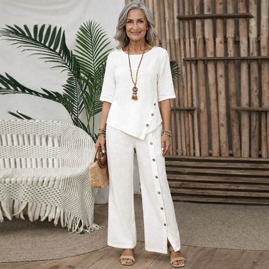 Susi - Conjunto de top con bajo irregular y pantalones de pierna ancha.