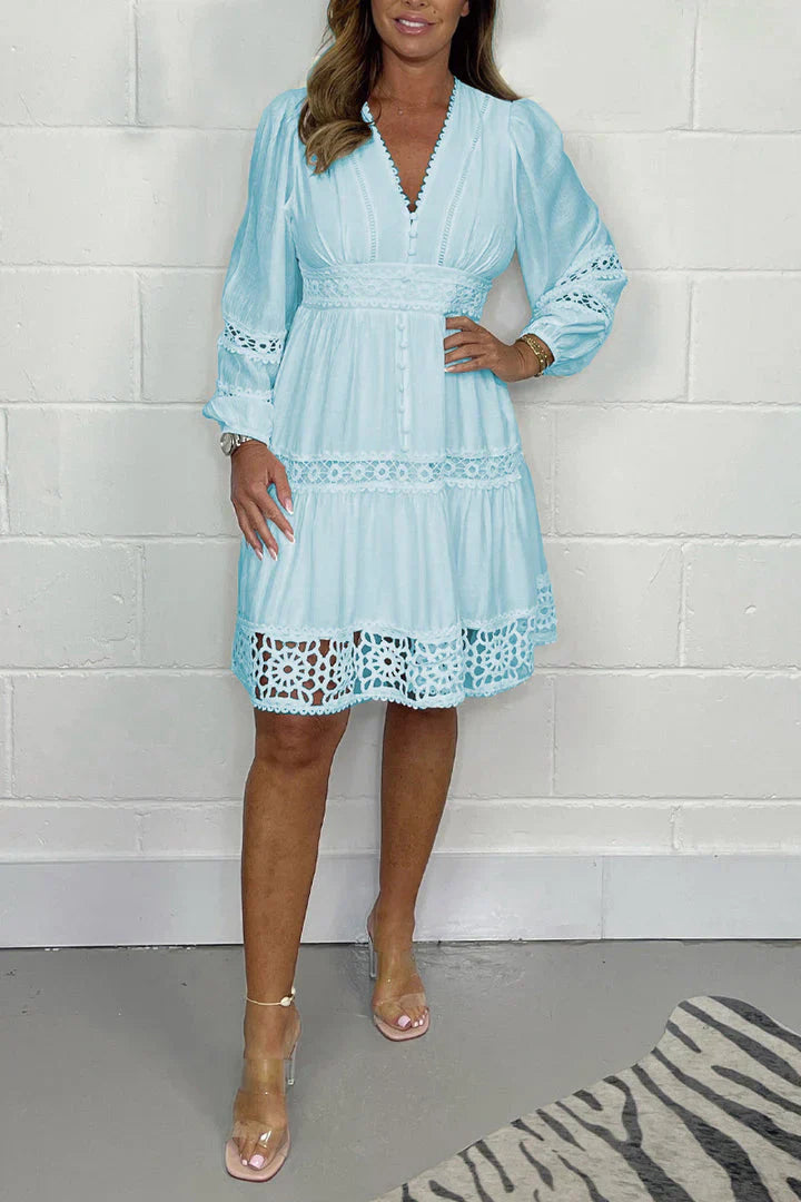 Nerea - Vestido blanco vintage con escote en V y detalle de encaje para mujer