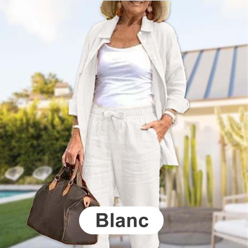 Lucia - Conjunto de camisa de manga larga y pantalones de algodón y lino