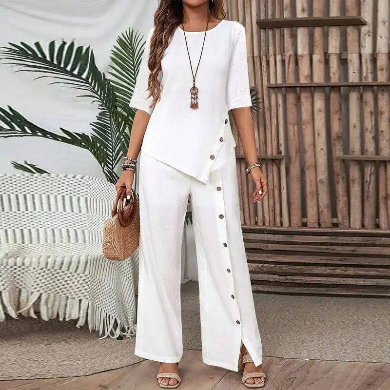 Susi - Conjunto de top con bajo irregular y pantalones de pierna ancha.