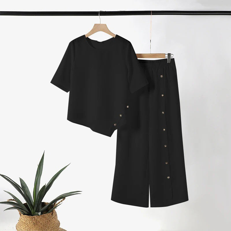 Susi - Conjunto de top con bajo irregular y pantalones de pierna ancha.