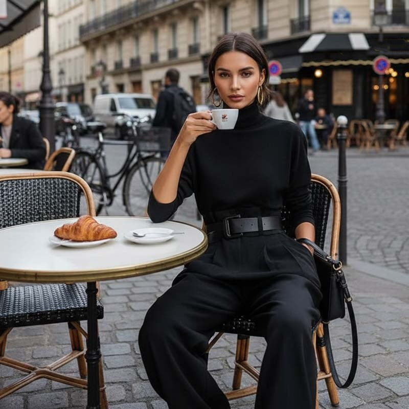 Cintia - Conjunto elegante para mujer: Top de cuello alto y pantalón de cintura alta