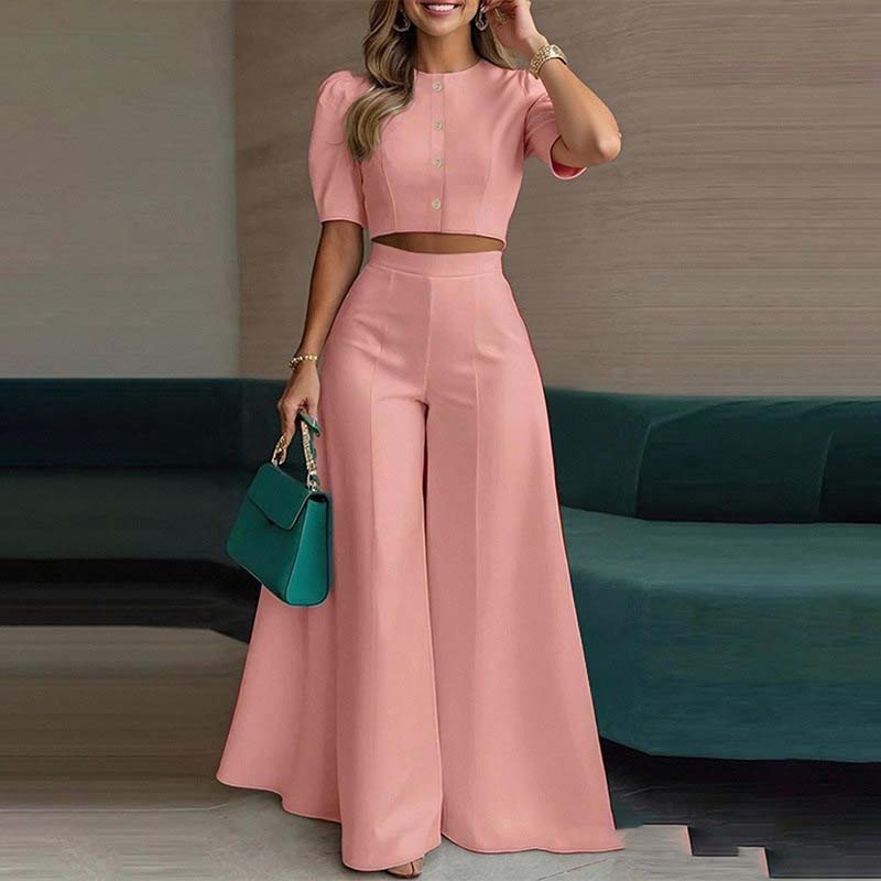 Trini - Elegante conjunto de top de mangas abullonadas y pantalones palazzo