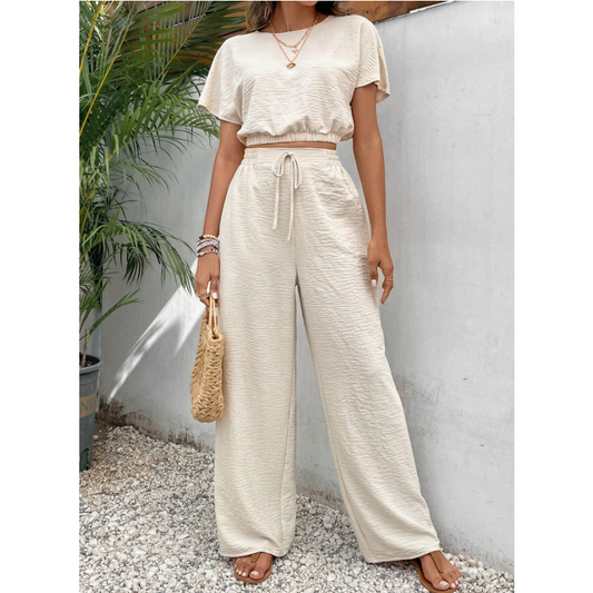 Leticia - Conjunto de blusa de manga corta y pantalones rectos de pierna ancha.