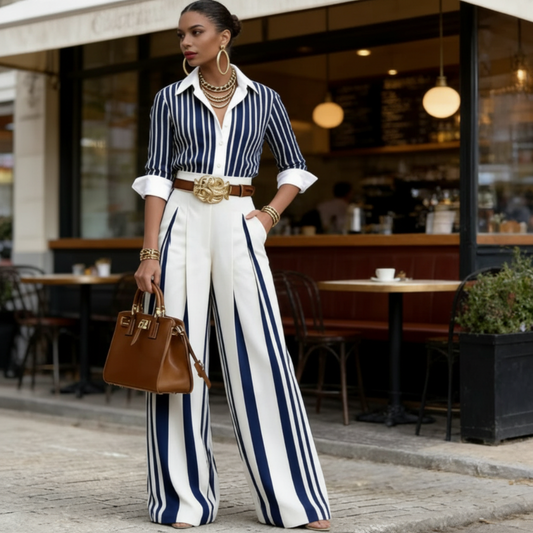 Sol - Conjunto de camisa de rayas y pantalón ancho para mujer